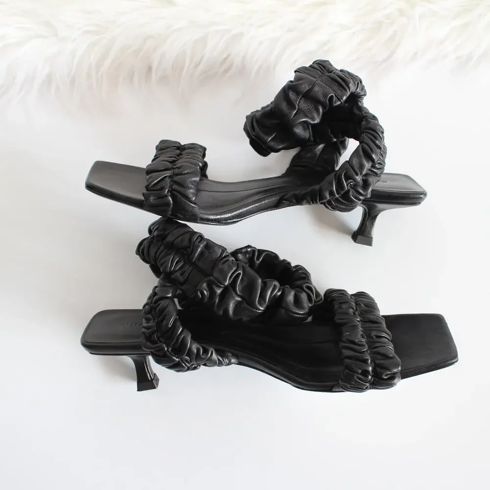 Khaite Lexington Black Ruched Leather Kitten-Heel Sandals (two different sizes) - Picture 10 of 16